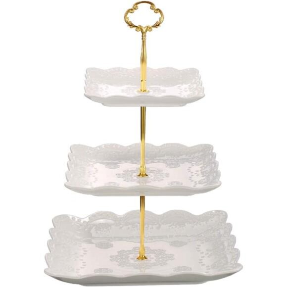 3 Tier Porcelain Cupcake Stand, Tiered Serving Cake Stand, Square White Embossed - Picture 1 of 7